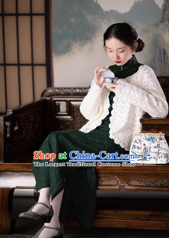 Republic of China Qipao Dress Chinese Traditional Costume National Dark Green Silk Cheongsam
