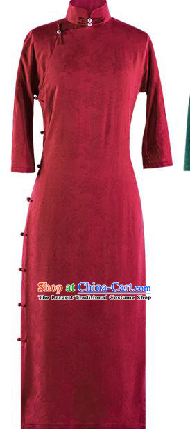 Chinese Traditional Costume National Silk Cheongsam Republic of China Wine Red Qipao Dress