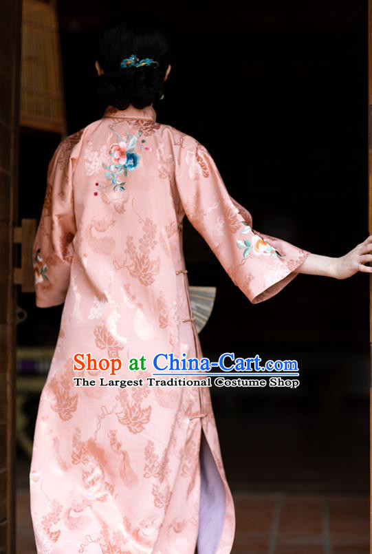 Chinese Classical Embroidered Pink Silk Qipao Dress Qing Dynasty Noble Woman Costume China Traditional National Cheongsam