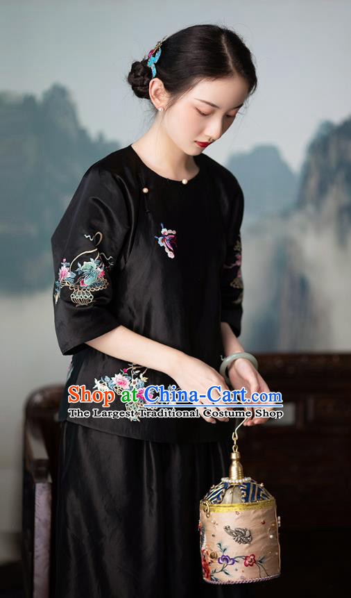 Chinese Traditional Embroidered Black Silk Shirt National Clothing Tang Suit Upper Outer Garment Blouse for Women