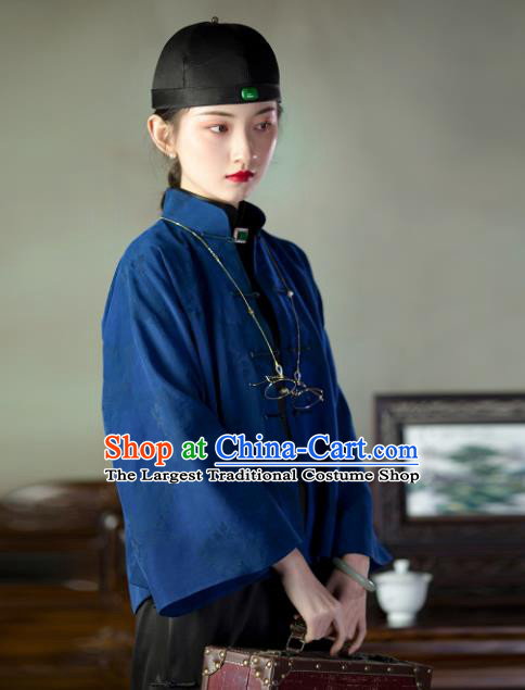 Chinese Tang Suit Upper Outer Garment Traditional National Shirt Clothing Classical Deep Blue Silk Blouse for Women