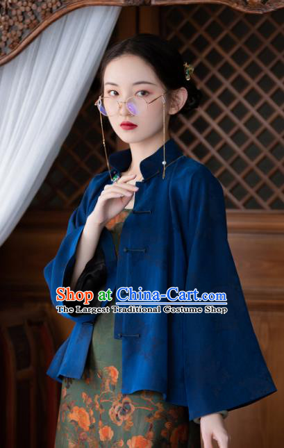 Chinese Tang Suit Upper Outer Garment Traditional National Shirt Clothing Classical Deep Blue Silk Blouse for Women