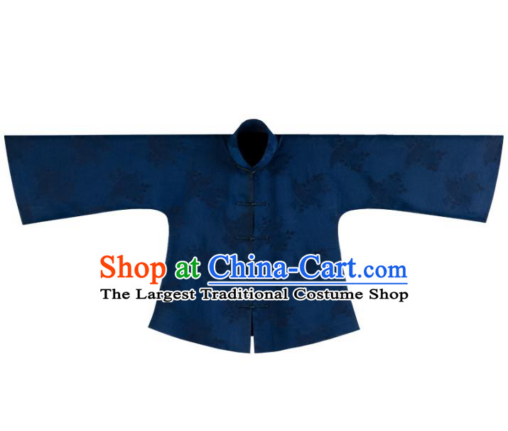 Chinese Tang Suit Upper Outer Garment Traditional National Shirt Clothing Classical Deep Blue Silk Blouse for Women