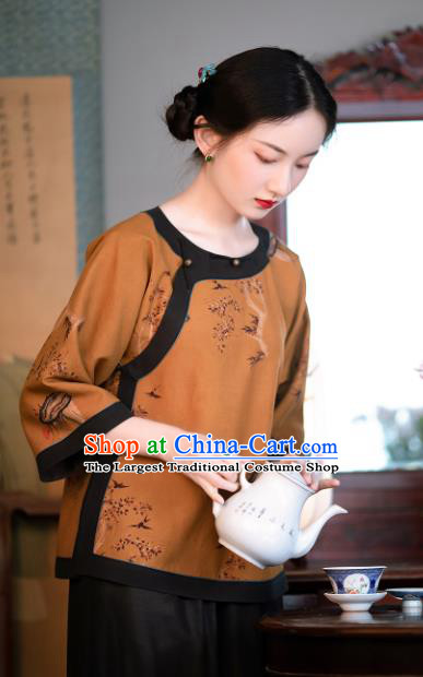 Chinese Yellow Silk Blouse Traditional National Shirt Clothing Tang Suit Upper Outer Garment for Women