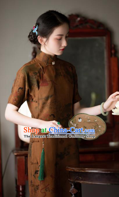 Chinese Classical Beauty Pattern Ginger Silk Qipao Dress Costume Traditional National Women Cheongsam