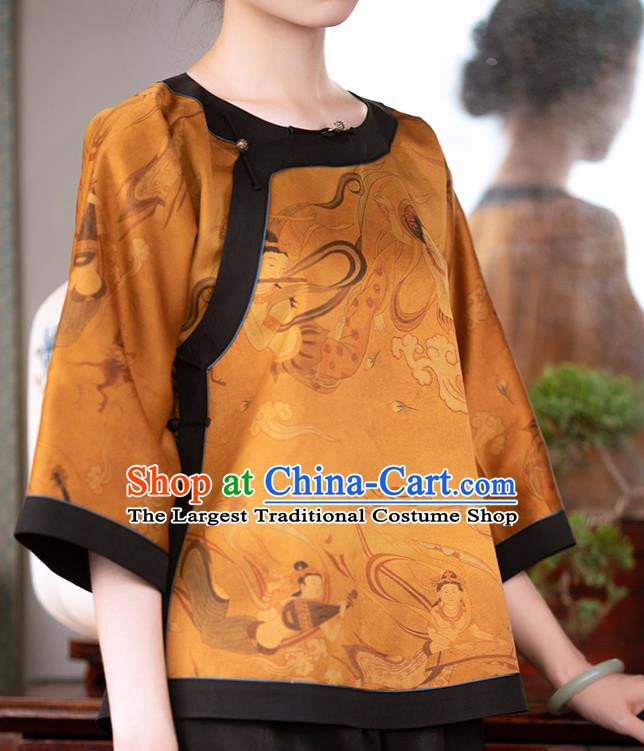 Chinese Yellow Silk Blouse Traditional National Shirt Clothing Tang Suit Upper Outer Garment for Women