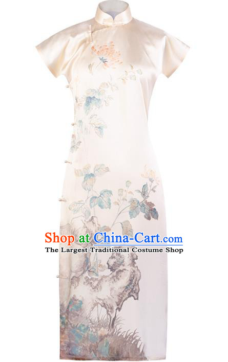 Chinese Classical Ink Painting Beige Silk Qipao Dress Traditional Cheongsam National Women Costume