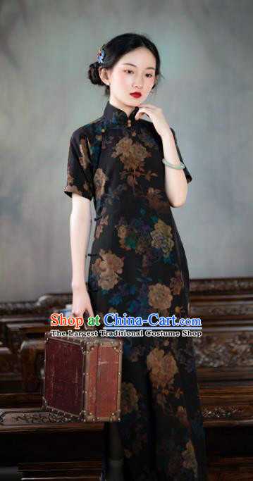 Asian Classical Cheongsam Republic of China Traditional Black Silk Qipao Dress National Costume