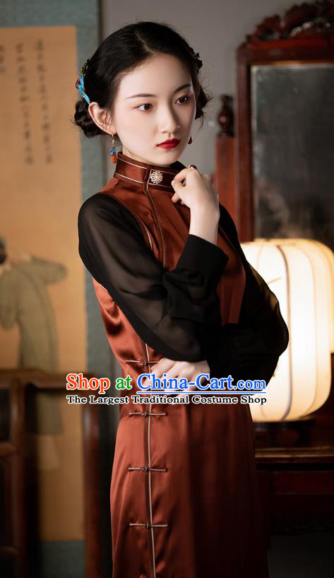 Chinese National Costume Classical Cheongsam Republic of China Traditional Rust Red Silk Qipao Dress
