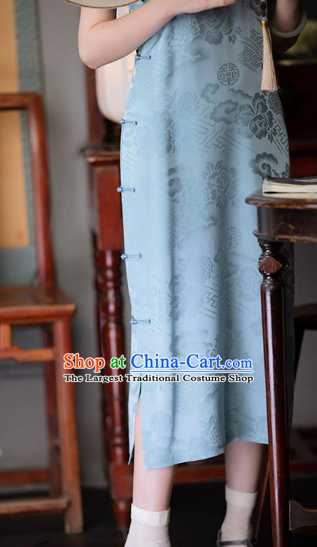 Chinese Traditional Peony Pattern Cheongsam National Women Costume Classical Light Blue Silk Qipao Dress