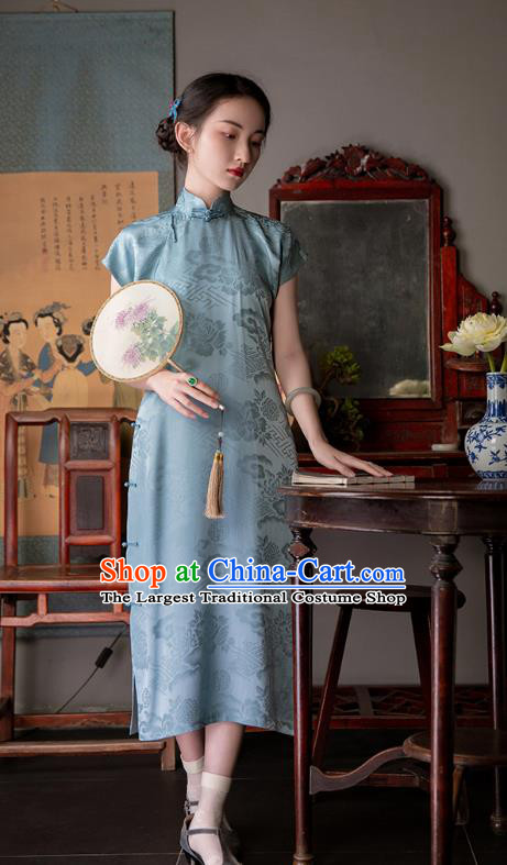 Chinese Traditional Peony Pattern Cheongsam National Women Costume Classical Light Blue Silk Qipao Dress