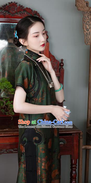 Chinese Classical Character Pattern Qipao Dress National Women Costume Traditional Deep Green Silk Cheongsam