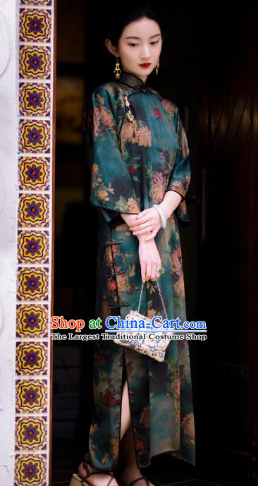 Chinese Traditional Peony Pattern Green Cheongsam National Women Costume Classical Silk Qipao Dress