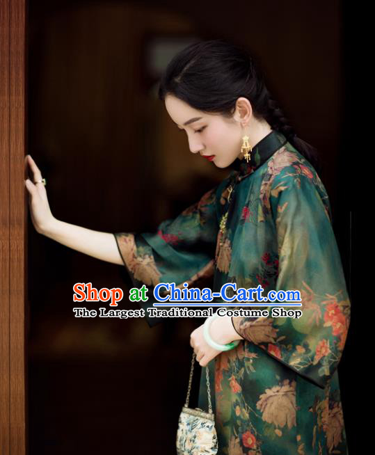 Chinese Traditional Peony Pattern Green Cheongsam National Women Costume Classical Silk Qipao Dress