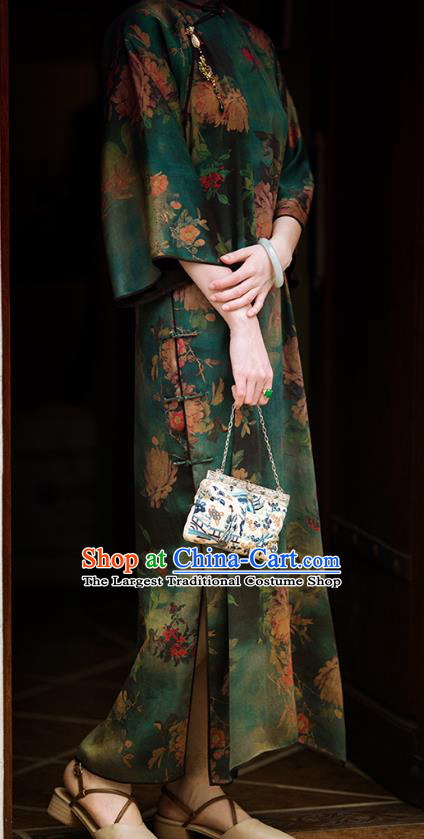 Chinese Traditional Peony Pattern Green Cheongsam National Women Costume Classical Silk Qipao Dress