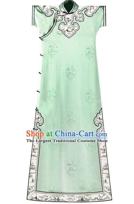 Chinese Traditional Light Green Silk Cheongsam National Women Costume Classical Embroidered Qipao Dress