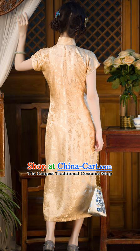 Chinese Classical Champagne Silk Cheongsam Traditional Chrysanthemum Pattern Qipao Dress National Women Costume