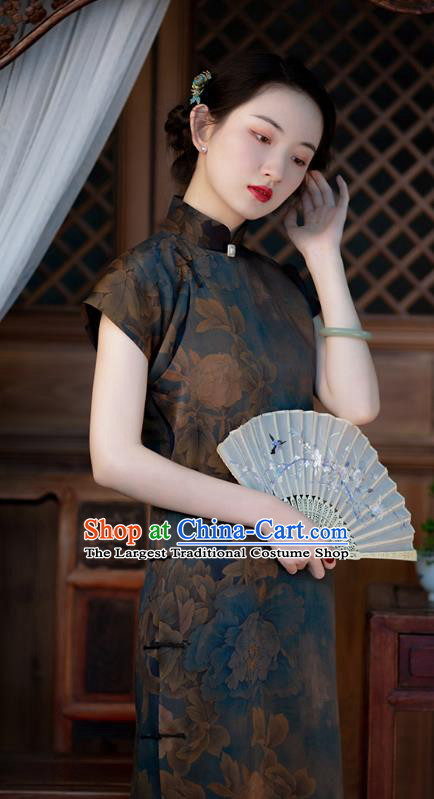 Chinese Classical Peony Pattern Navy Silk Cheongsam Traditional Qipao Costume National Women Dress
