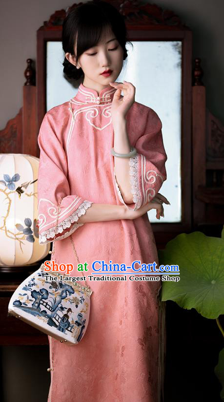 Republic of China Pink Silk Cheongsam Dress Traditional Classical Costume National Women Qipao