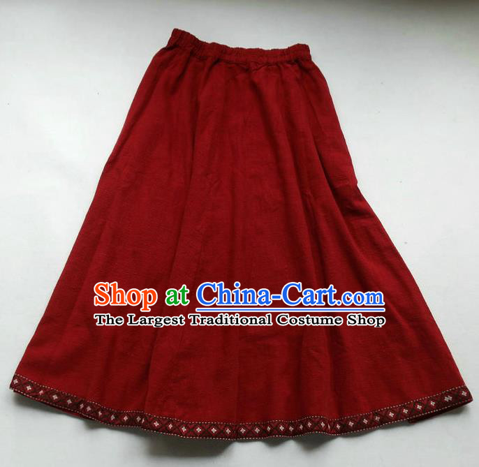 Chinese Retro Dark Red Skirt Traditional Women Clothing National Embroidered Peony Bust Skirt