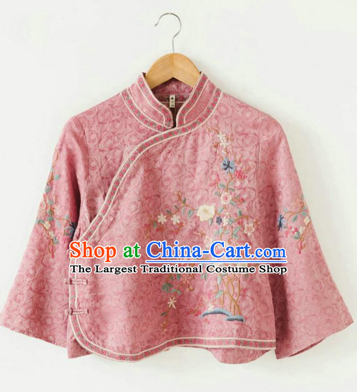 China Classical Cheongsam Upper Outer Garment National Women Traditional Costume Tang Suit Embroidered Pink Shirt