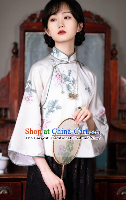 Chinese Traditional Printing Chrysanthemum White Silk Blouse Tang Suit Upper Outer Garment National Shirt for Women