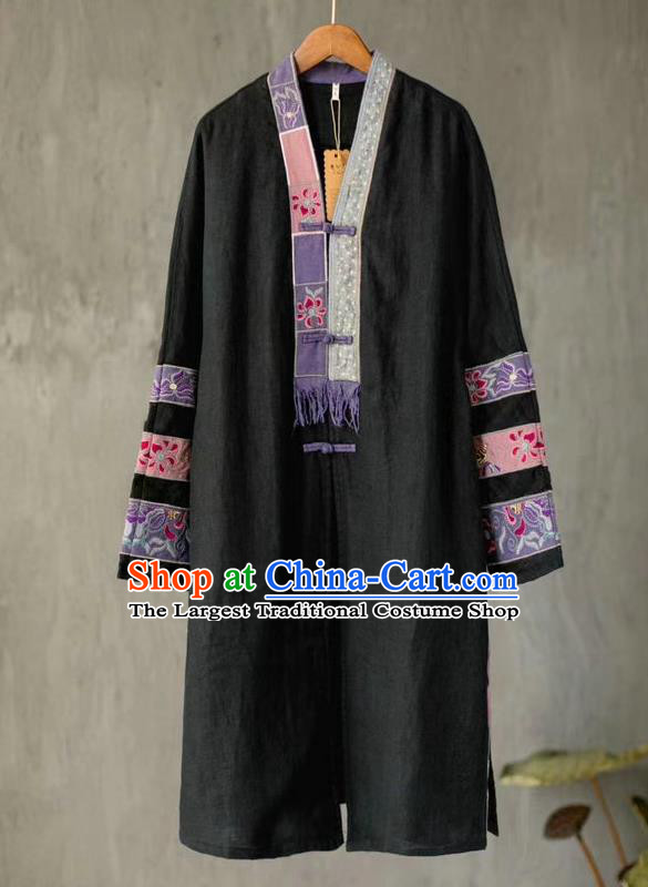 China Tang Suit Women Black Overcoat Traditional Winter Costume National Embroidered Cotton Padded Coat