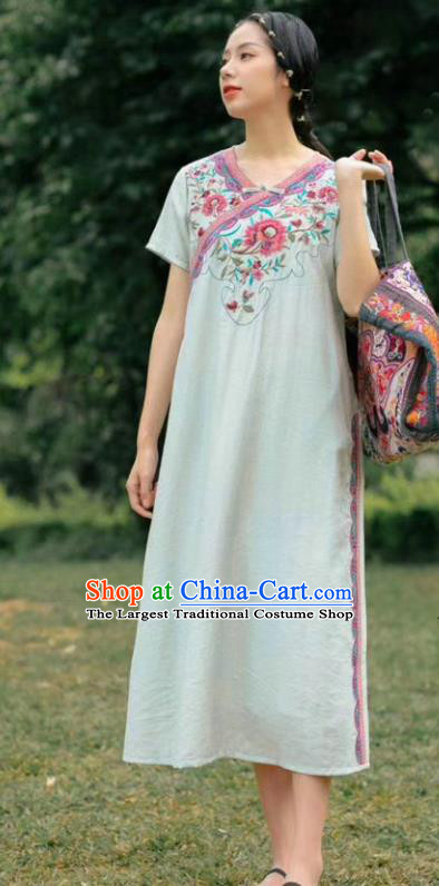 Chinese National White Flax Qipao Dress Women Slant Opening Cheongsam Traditional Embroidered Clothing