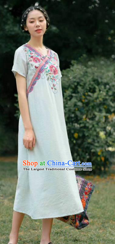 Chinese National White Flax Qipao Dress Women Slant Opening Cheongsam Traditional Embroidered Clothing