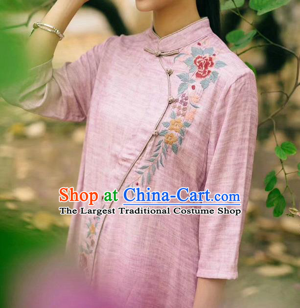 Chinese Embroidered Peony Costume National Pink Flax Qipao Dress Women Traditional Cheongsam Clothing