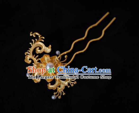 China Handmade Ancient Golden Fissidens Flower Hairpin Ming Dynasty Hair Accessories