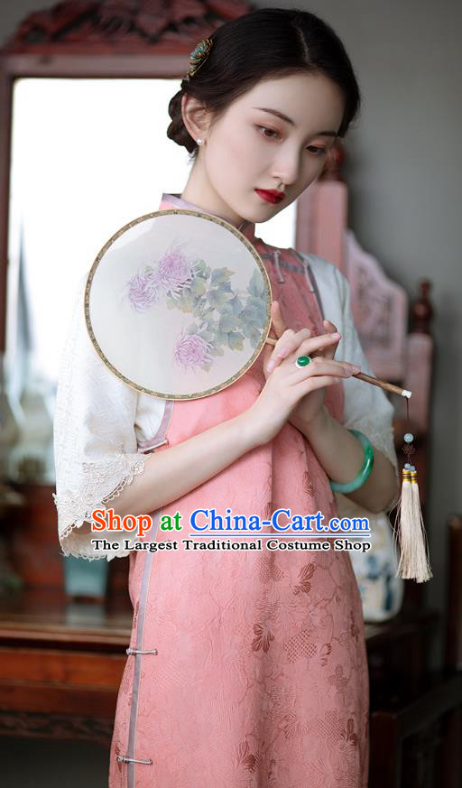 Republic of China Pink Silk Cheongsam Classical Pattern Qipao Dress Traditional National Costume