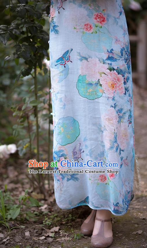 Republic of China Classical Peony Butterfly Pattern Light Blue Qipao Dress Traditional National Costume Cheongsam