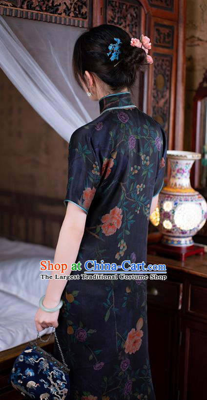 Republic of China Black Silk Qipao Dress Traditional National Costume Classical Peony Pattern Cheongsam