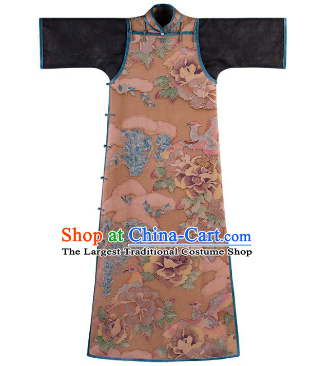 Republic of China Printing Ginger Silk Qipao Dress Traditional National Classical Cheongsam Costume