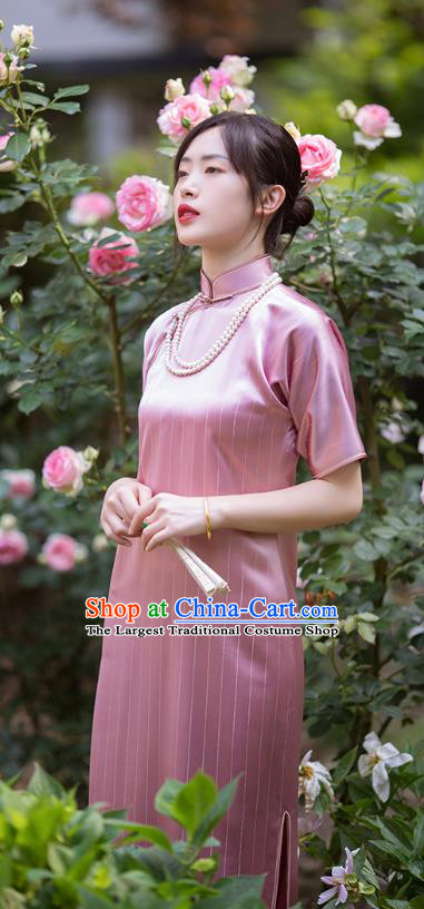 Republic of China National Cheongsam Pink Silk Qipao Dress Traditional Classical Costume