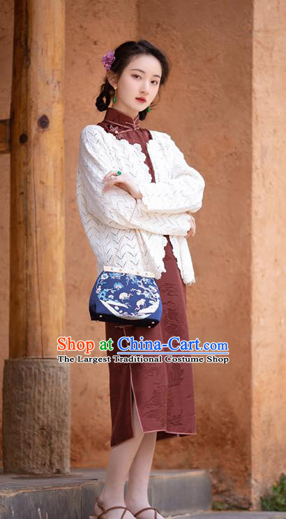 Republic of China Women Dress National Cheongsam Traditional Peony Pattern Purplish Red Silk Qipao Classical Costume
