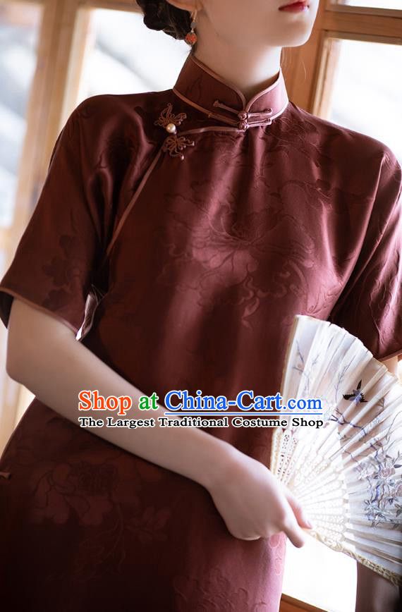 Republic of China Women Dress National Cheongsam Traditional Peony Pattern Purplish Red Silk Qipao Classical Costume
