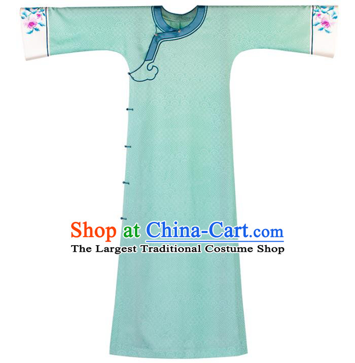 China Qing Dynasty Women Dress National Cheongsam Classical Costume Traditional Embroidered Pattern Light Green Silk Qipao