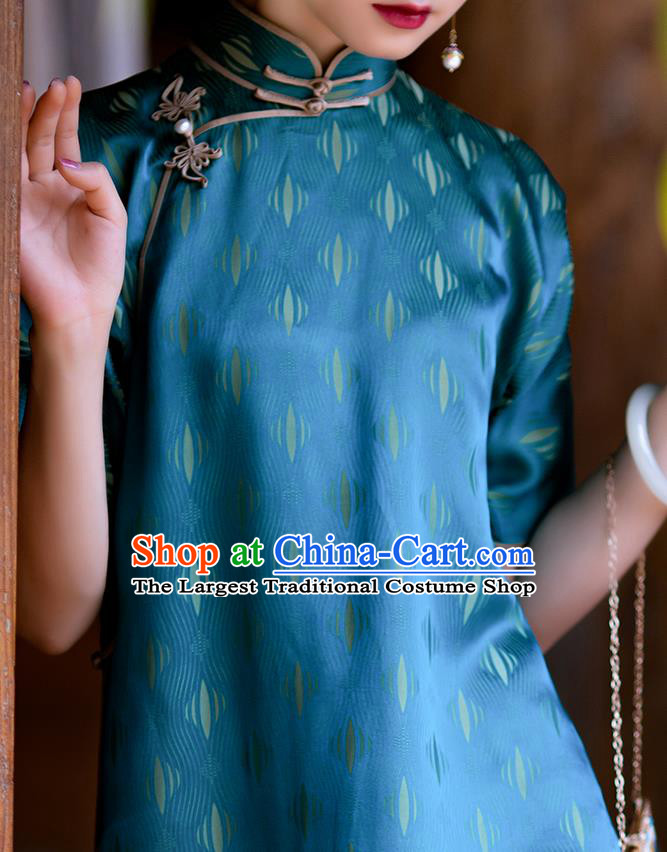 China Classical Cheongsam Costume Traditional Blue Silk Qipao National Women Dress