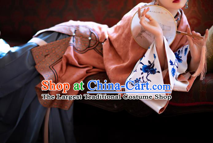 Chinese Ming Dynasty Noble Women Orange Silk Long Gown Ancient Mistress Clothing