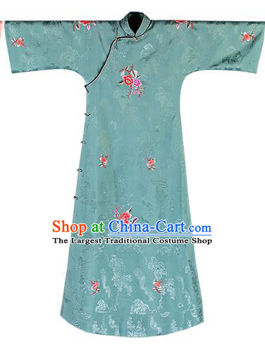China National Women Embroidered Peony Dress Classical Green Silk Cheongsam Traditional Qipao Costume