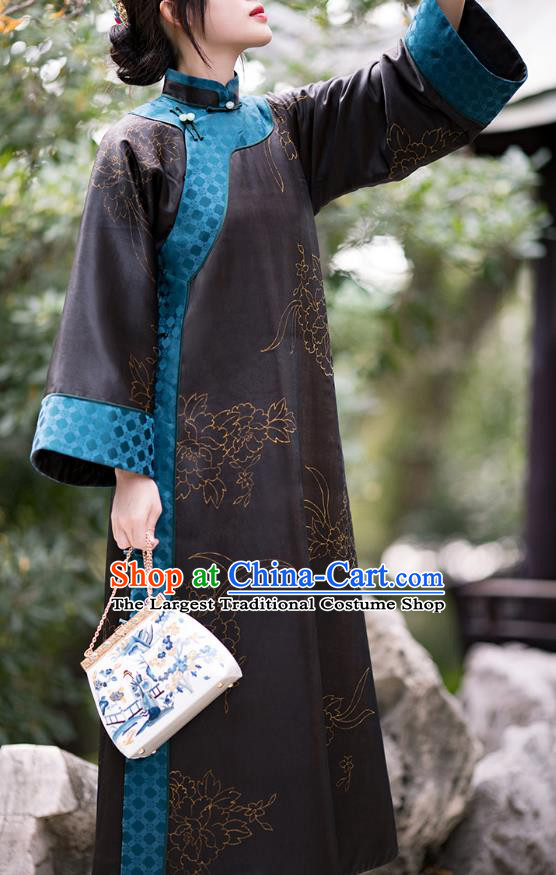 China Traditional Black Silk Qipao Costume Classical Cheongsam National Women Dress