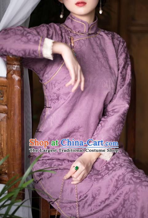 China Classical Cheongsam Traditional Costume Purple Silk Qipao National Women Dress