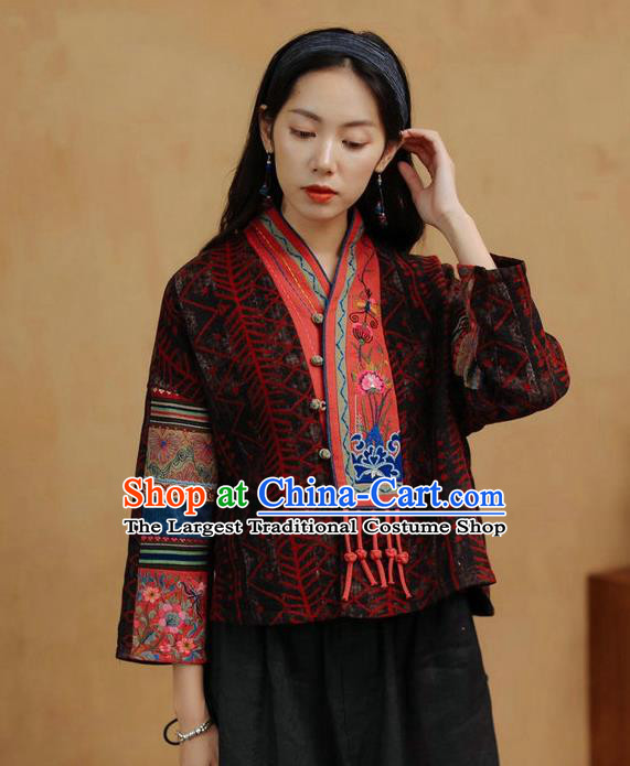 China Traditional Tang Suit Costume Embroidered Cheongsam Upper Outer Garment National Women Brown Flax Jacket