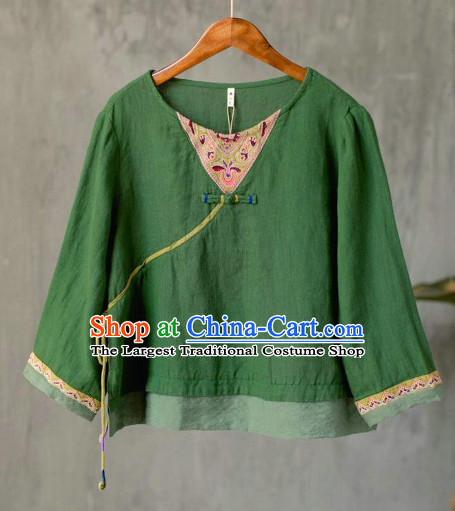 China National Women Embroidered Green Flax Blouse Traditional Cheongsam Upper Outer Garment Tang Suit Costume