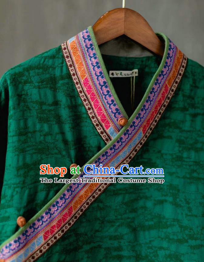 China Traditional Women Upper Outer Garment National Embroidered Shirt Tang Suit Green Flax Blouse Costume