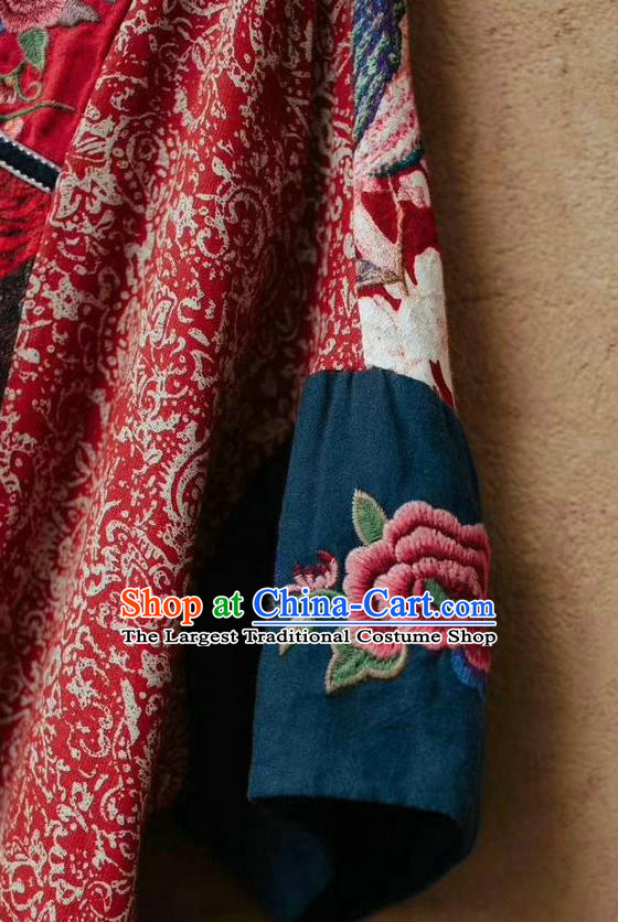 Chinese National Embroidered Flax Red Dress Traditional Printing Clothing