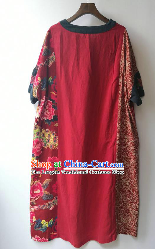 Chinese National Embroidered Flax Red Dress Traditional Printing Clothing