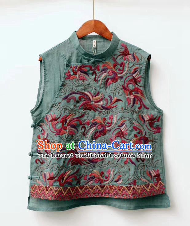 China National Waistcoat Embroidered Green Flax Vest Traditional Tang Suit Clothing